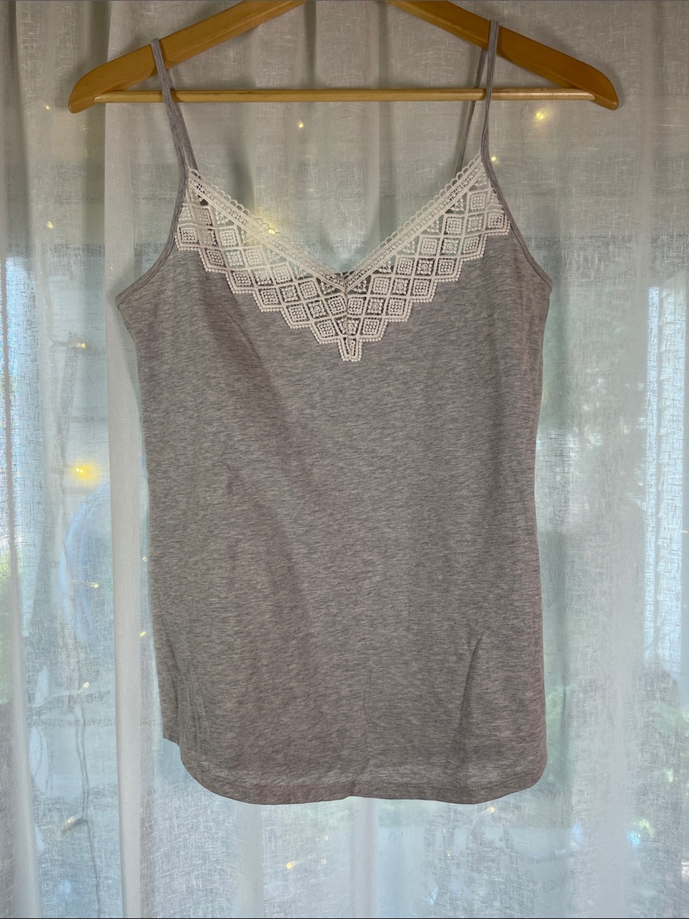 LOFT Gray Camisole with Cream Lace V-Neck